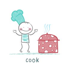 cook stands next to a pot N2