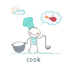 cook standing with a cauldron and ladle