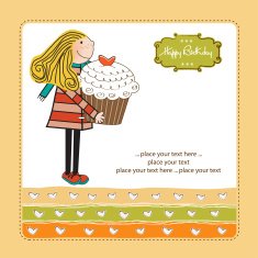 Happy Birthday card with girl and cup cake N24