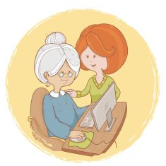 Old woman and girl at the computer