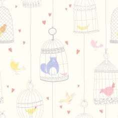 Seamless pattern with a cat birds and birdcages