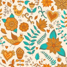 Seamless texture with flowers birds and butterflies