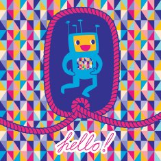 Greeting card "Hello" with robot and rope frame