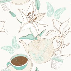 Delicate pattern with cup teapot and lily flowers