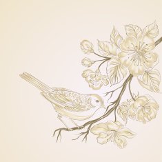 Hand drawn bird on sacura branch