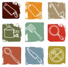 Cooking utensil grunge block icons