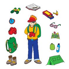 Backpacker and accessories set isolated vector illustration