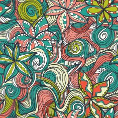 floral pattern with colorful blooming flowers and waves N3