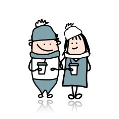 Couple walking with coffee cups cartoon for your design N3