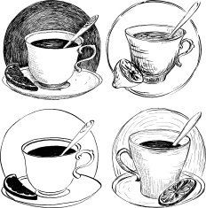four sketch of teacups and lemon slice N2