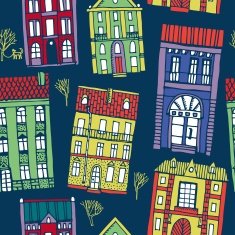 Hand drawn seamless pattern with colorful houses N2