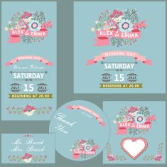 Cute wedding design template set with flowers