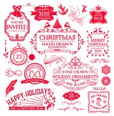 Hand Drawn Christmas Ornaments & Labels in Red