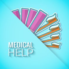 Medicine sticker design of icons toothpaste and brush set concept