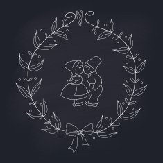 Hand drawn wedding wreath with Dutch kissing couple