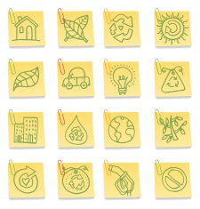 Nature icon set on post it notes with paper clips