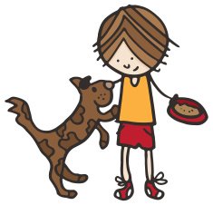 Boy feeding his dog holding a bowl of pet food