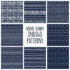 Set of eight indigo blue and white seamless hand drawn N2