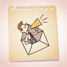 businessman and loudhailer note paper cartoon sketch