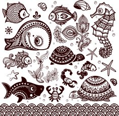 Vector set of fish shells and flowers with ornaments