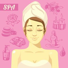Women with closing eyes and hand drawn spa icons set