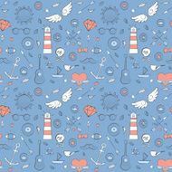 Sea doodle seamless hipster pattern over blue