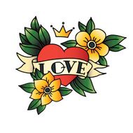 Hand drawn tattoo heart with ribbon and leaves