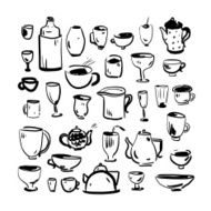 Kitchen utensils Cups pots Doodle set Isolated N2