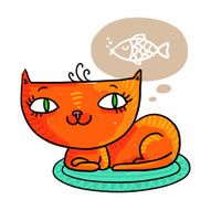Cute red cat dreaming of a fish isolated on white