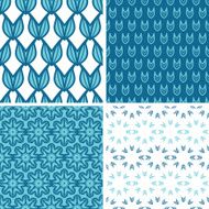 Four abstract blue tulip shapes seamless patterns set