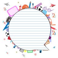 Pattern book with colorful school icons on background N5