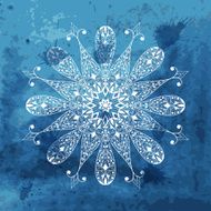 Vector white snowflake on watercolor blue background and blobs