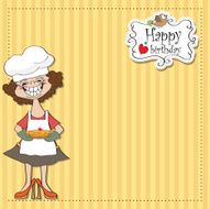 birthday greeting card with funny woman and pie N17