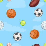 vector seamless pattern of sport balls on sky background