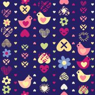 heart bird flower seamless pattern on dark background Vector illustration