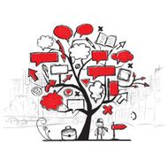 Sketch of tree with arrows and frames cityscape background