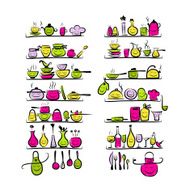 Kitchen utensils characters on shelves sketch drawing for your design N5