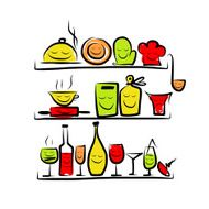 Kitchen utensils characters on shelves sketch drawing for your design N6
