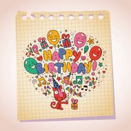 Happy Birthday cute kitten note paper cartoon sketch