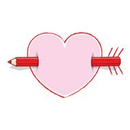 Horizontal Red Pencil Through Pink Heart with Arrow and Feathers