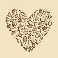 I love cooking! Kitchen utensils sketch heart shape N2