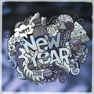 New Year hand lettering and doodles elements blurred background