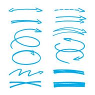 set of blue hand drawn arrows signs and highlighting elements