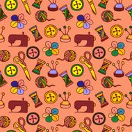 Cartoon Hand Drawn Seamless Pattern with Sewing and Tailoring Elements N7