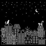 Night vector illustration poster with houses cat stars moon