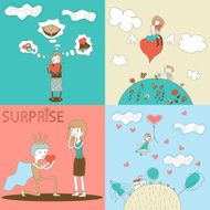 Doodle Girls and Boys Characters with Heart Landscape Clouds House