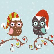 Christmas card of owls in hats sitting N4