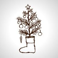 Christmas creative hand drawn fir tree &amp; sock for xmas design