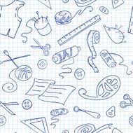 Seamless background with sketches of sewing tools N3