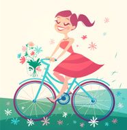 Girl is riding bike on spring field